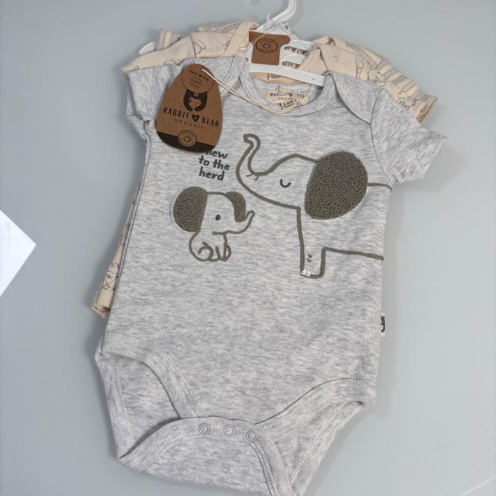 Rabbit + Bear Kids 3-6M Gray Elephant Organic Cotton Bodysuit Set 3PK New NWT